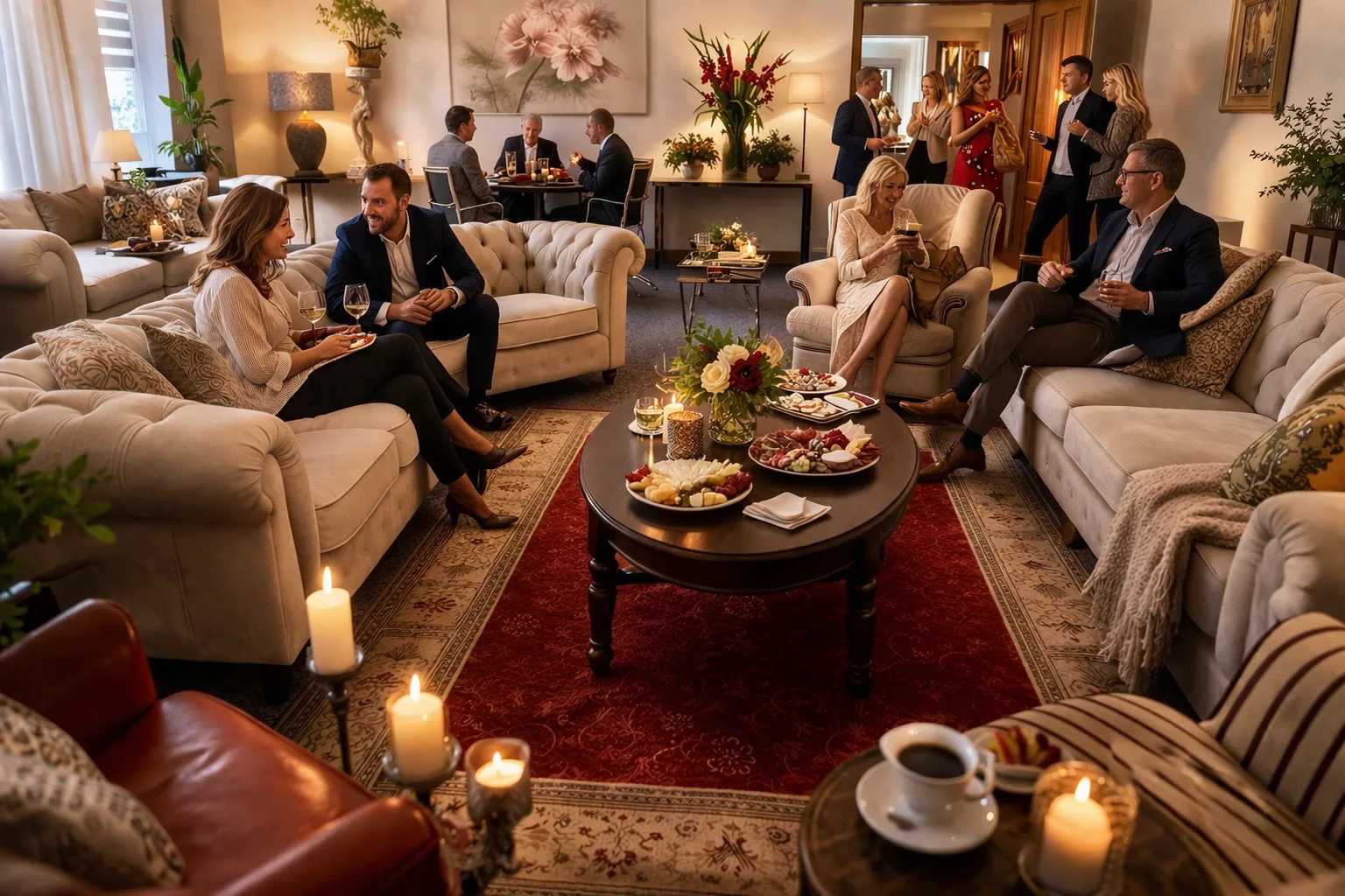 Event wieczorny w salonie Nawrot 12, goście na sofach Chesterfield
