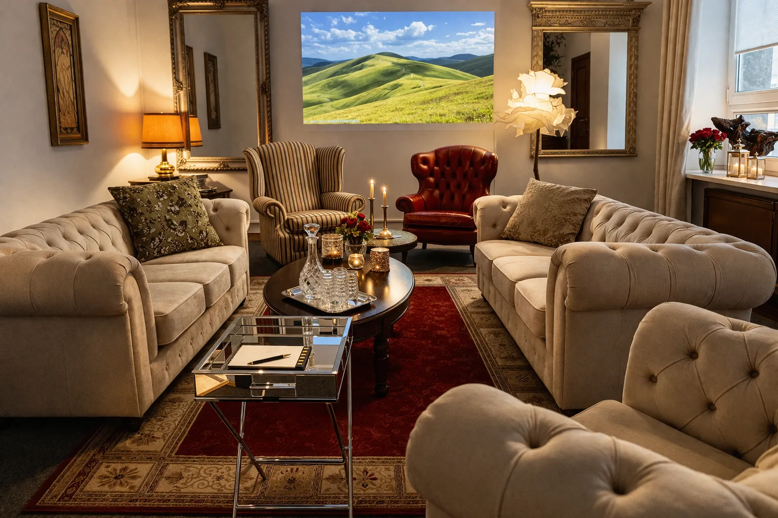 Salon z projektorem i sofami Chesterfield